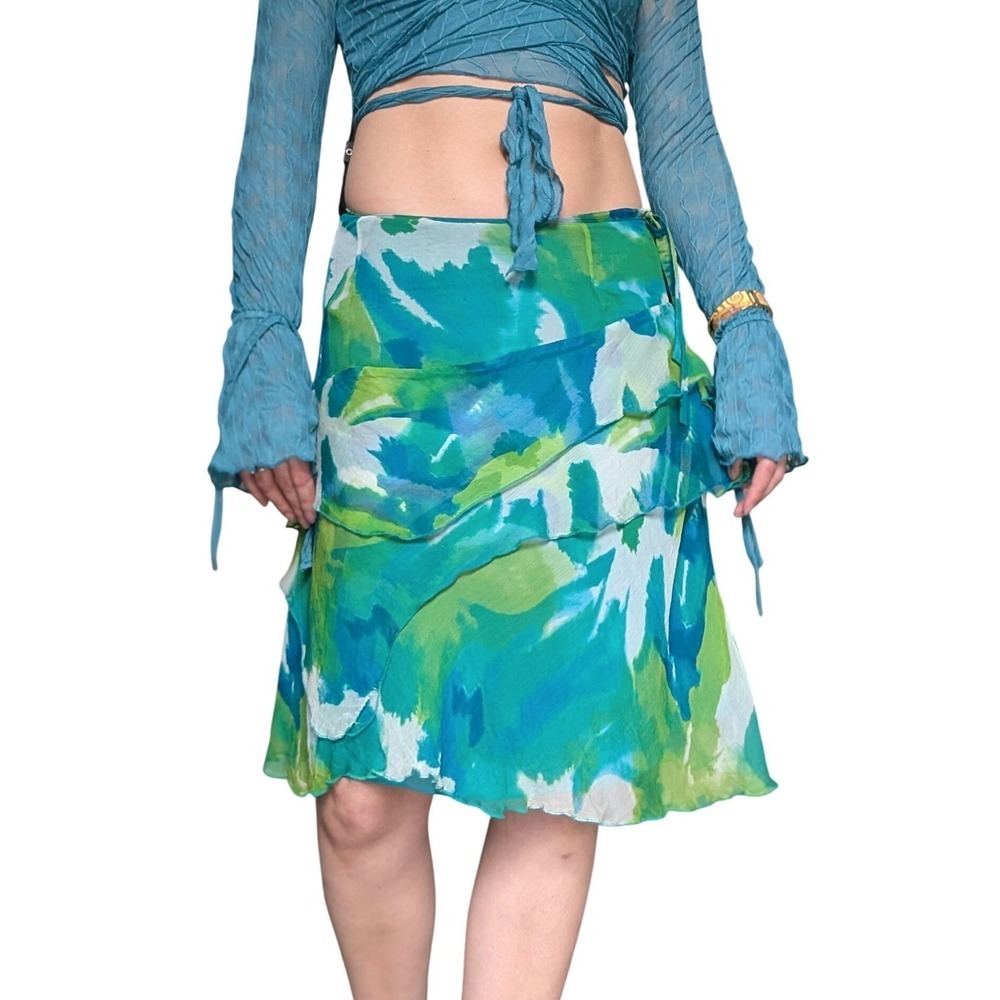 Edward Vintage Y2K Hand-Died Euro Summer Turquoise & Green Ruffle Silk Skirt